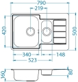 LINE 70 SAT Standard 79x50 1 1/2k zlew wpuszczany z odpływem zatyczkowym fi114 z syfonem