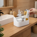 Duży organizer z przegródkami na blat łazienkowy biały + drewno