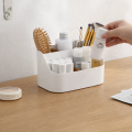 Duży organizer z przegródkami na blat łazienkowy biały + drewno