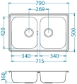 LINE 90 NAT Standard 790x500 2k zlew wpuszczany z odpływem manualnym fi114 z syfonem