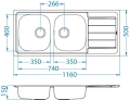 LINE 100 NAT Standard 116x50 2k zlew wpuszczany z odpływem zatyczkowym fi114 z syfonem