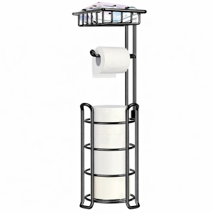 Stojak na papier toaletowy wolnostojący metalowy z półką czarny loft uchwyt organizer