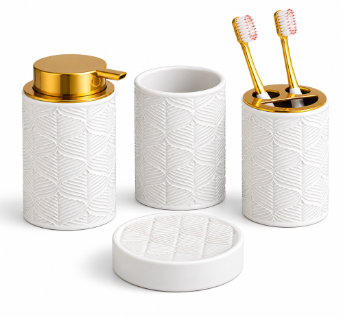 Zestaw łazienkowy ceramiczny LUMI akcesoria 4w1 biało złoty